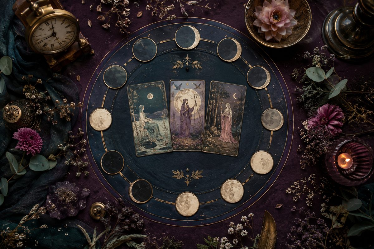 Monthly Tarot consultation setting and symbolic materials